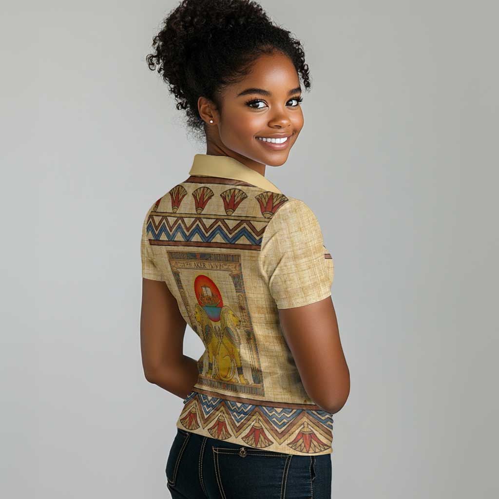 Aker Ancient Egyptian Women Polo Shirt with Hieroglyphic Pattern, Pyramid Symbol, and Twin Lion Guardians Motif - Wonder Print Shop