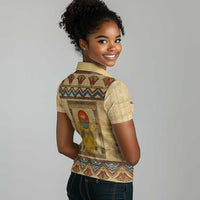Aker Ancient Egyptian Women Polo Shirt with Hieroglyphic Pattern, Pyramid Symbol, and Twin Lion Guardians Motif - Wonder Print Shop