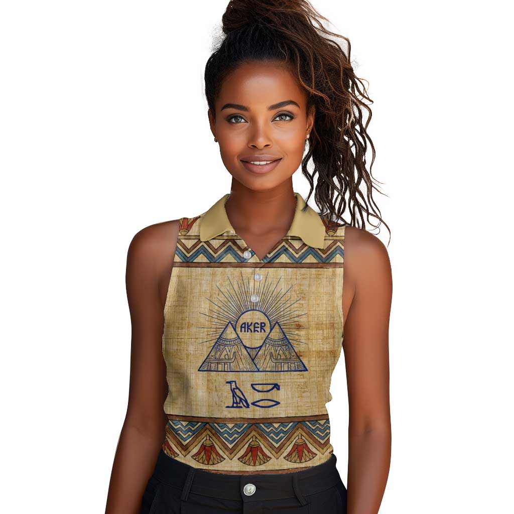 Aker Ancient Egyptian Women Sleeveless Polo Shirt with Hieroglyphic Pattern, Pyramid Symbol, and Twin Lion Guardians Motif - Wonder Print Shop
