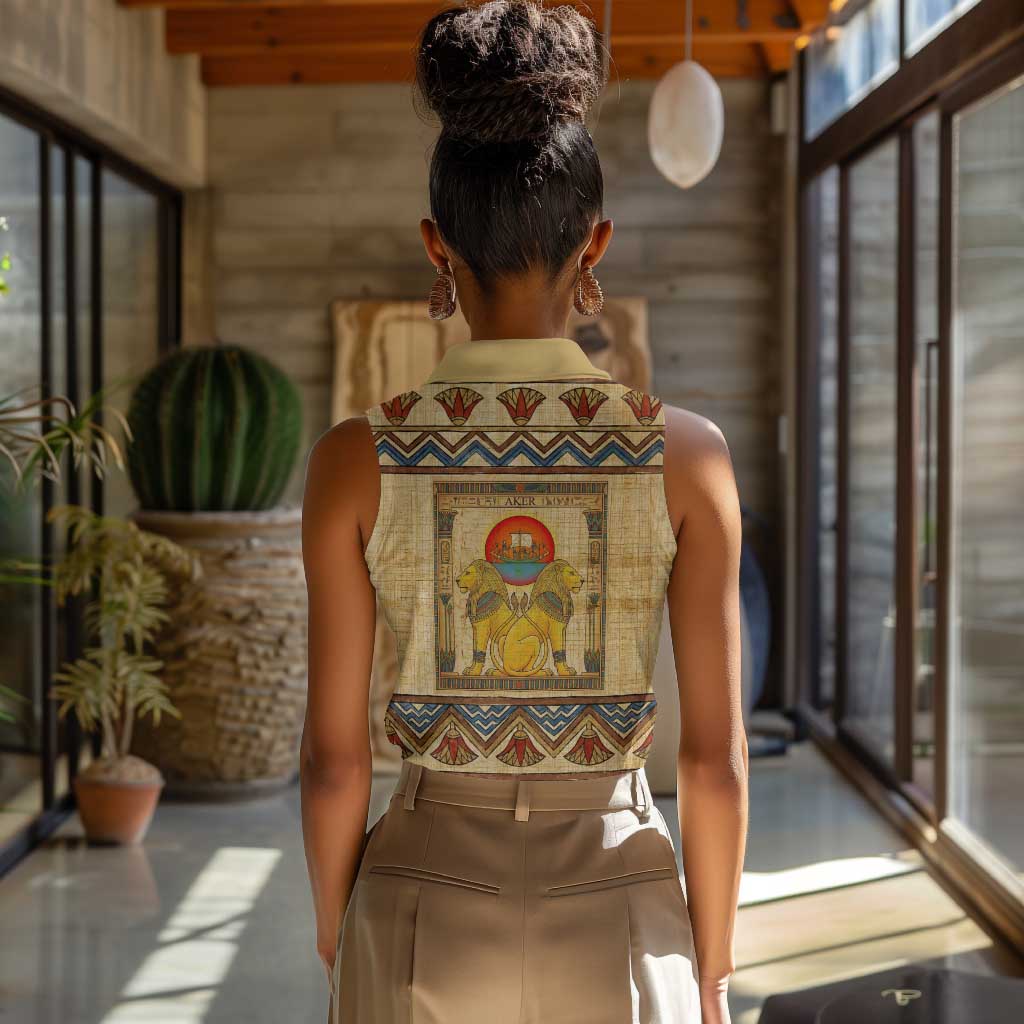 Aker Ancient Egyptian Women Sleeveless Polo Shirt with Hieroglyphic Pattern, Pyramid Symbol, and Twin Lion Guardians Motif - Wonder Print Shop