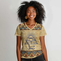 Aker Ancient Egyptian Women V-Neck T-Shirt with Hieroglyphic Pattern, Pyramid Symbol, and Twin Lion Guardians Motif - Wonder Print Shop