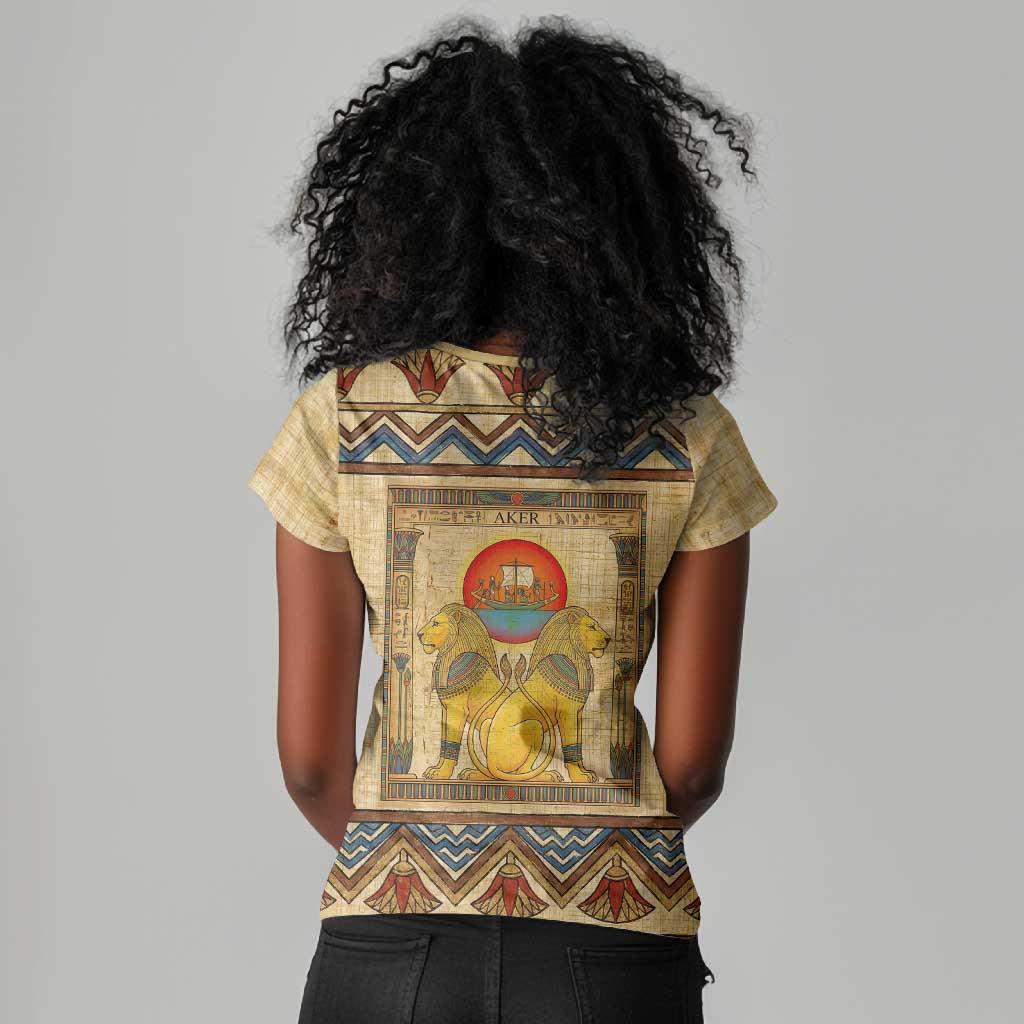 Aker Ancient Egyptian Women V-Neck T-Shirt with Hieroglyphic Pattern, Pyramid Symbol, and Twin Lion Guardians Motif - Wonder Print Shop