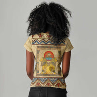 Aker Ancient Egyptian Women V-Neck T-Shirt with Hieroglyphic Pattern, Pyramid Symbol, and Twin Lion Guardians Motif - Wonder Print Shop