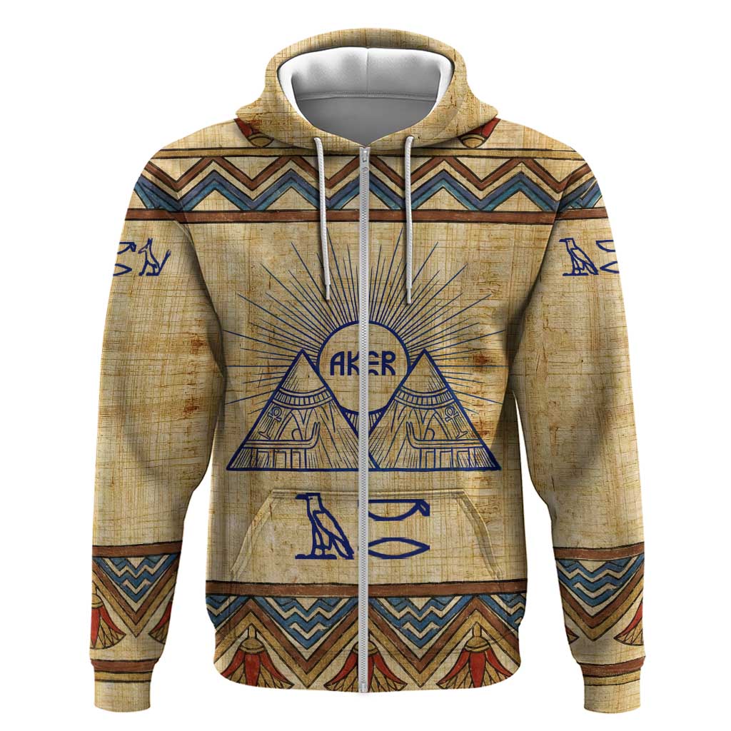 Aker Ancient Egyptian Zip Hoodie with Hieroglyphic Pattern, Pyramid Symbol, and Twin Lion Guardians Motif - Wonder Print Shop