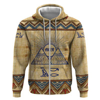 Aker Ancient Egyptian Zip Hoodie with Hieroglyphic Pattern, Pyramid Symbol, and Twin Lion Guardians Motif - Wonder Print Shop