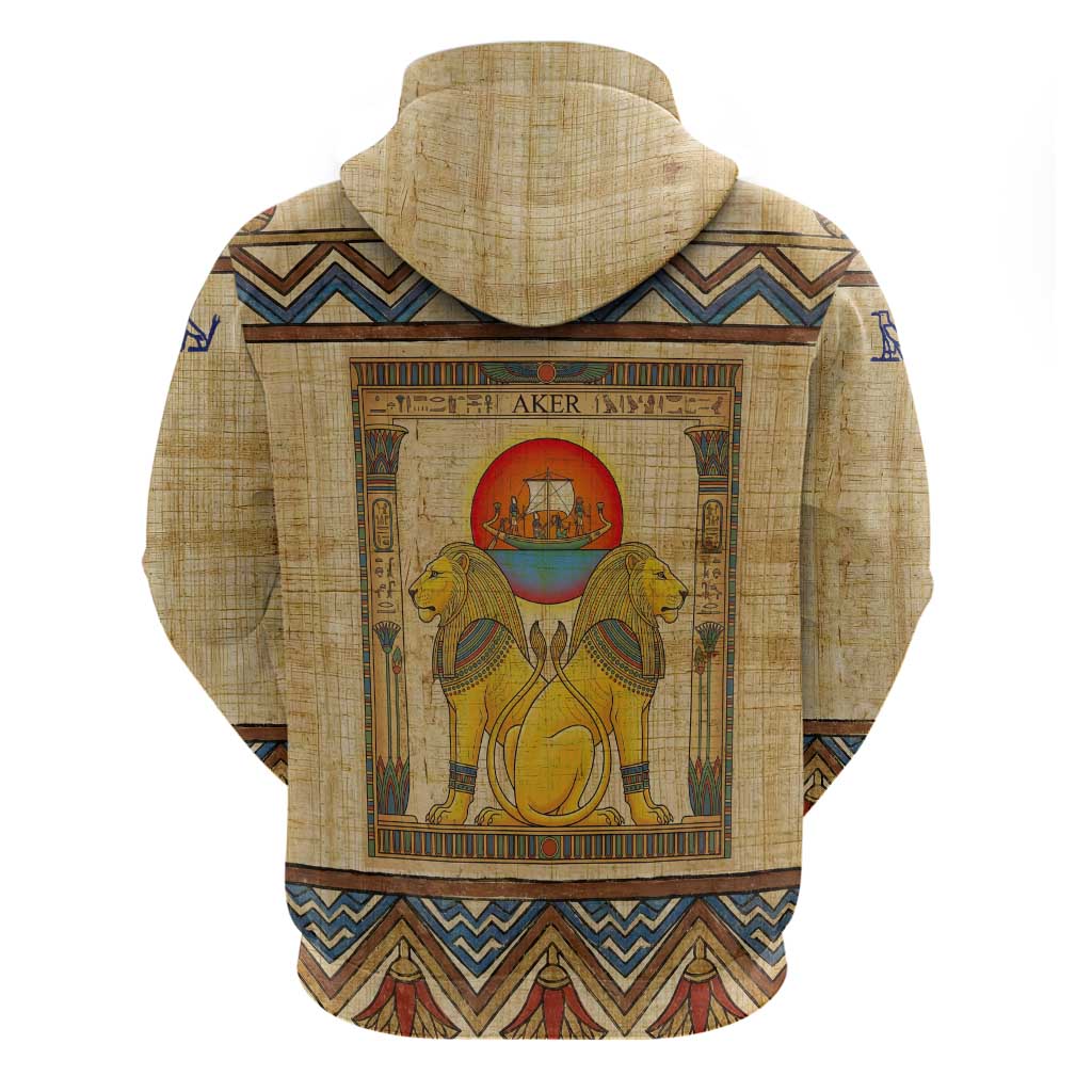 Aker Ancient Egyptian Zip Hoodie with Hieroglyphic Pattern, Pyramid Symbol, and Twin Lion Guardians Motif - Wonder Print Shop