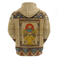 Aker Ancient Egyptian Zip Hoodie with Hieroglyphic Pattern, Pyramid Symbol, and Twin Lion Guardians Motif - Wonder Print Shop
