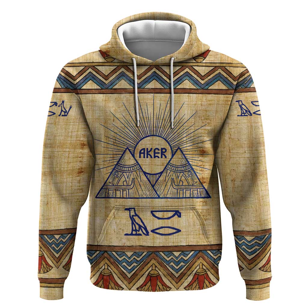 Aker Ancient Egyptian Zip Hoodie with Hieroglyphic Pattern, Pyramid Symbol, and Twin Lion Guardians Motif - Wonder Print Shop