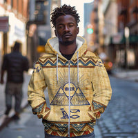 Aker Ancient Egyptian Zip Hoodie with Hieroglyphic Pattern, Pyramid Symbol, and Twin Lion Guardians Motif - Wonder Print Shop
