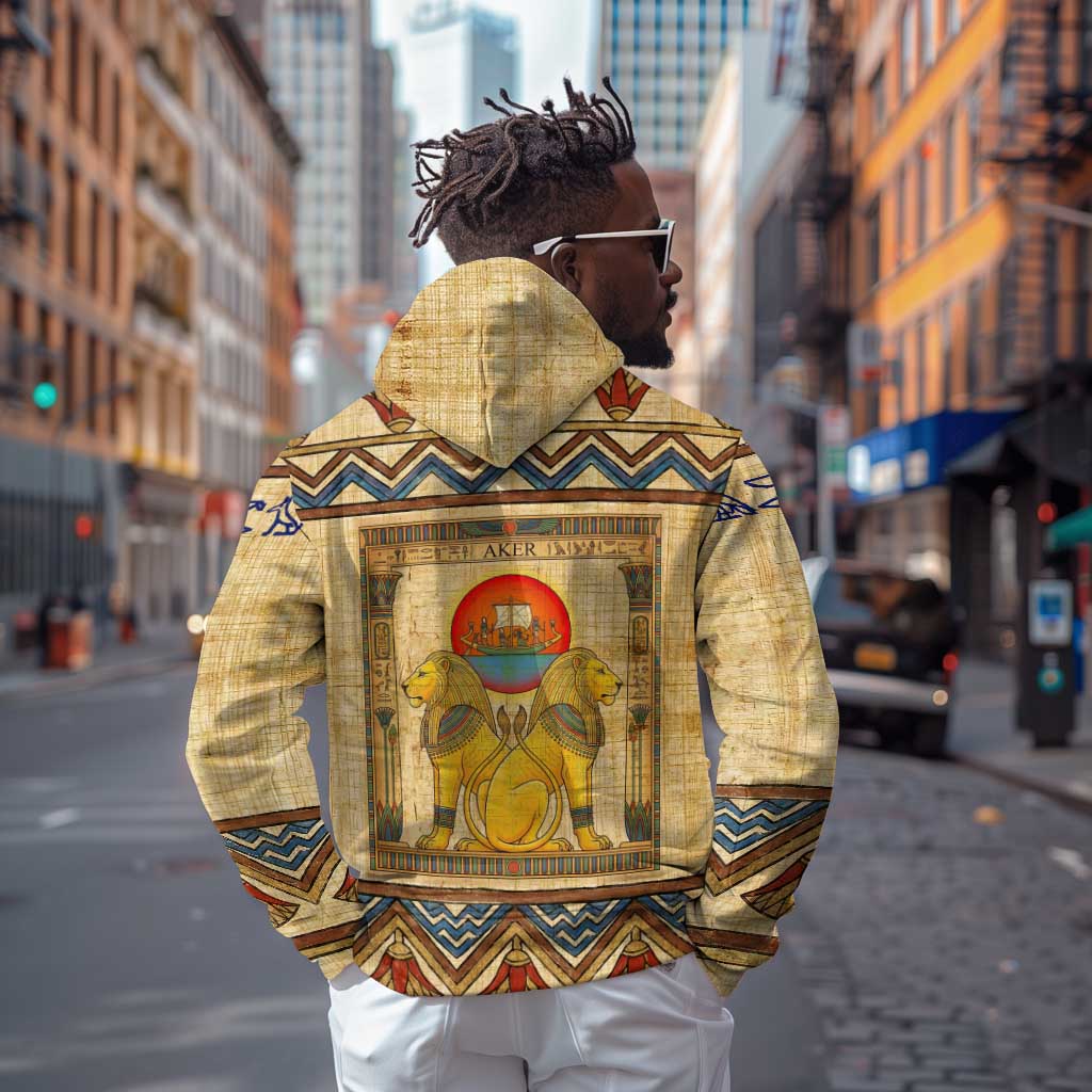 Aker Ancient Egyptian Zip Hoodie with Hieroglyphic Pattern, Pyramid Symbol, and Twin Lion Guardians Motif - Wonder Print Shop