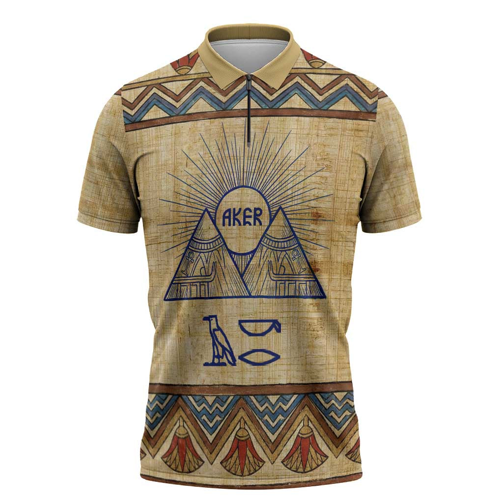 Aker Ancient Egyptian Zipper Polo Shirt with Hieroglyphic Pattern, Pyramid Symbol, and Twin Lion Guardians Motif - Wonder Print Shop