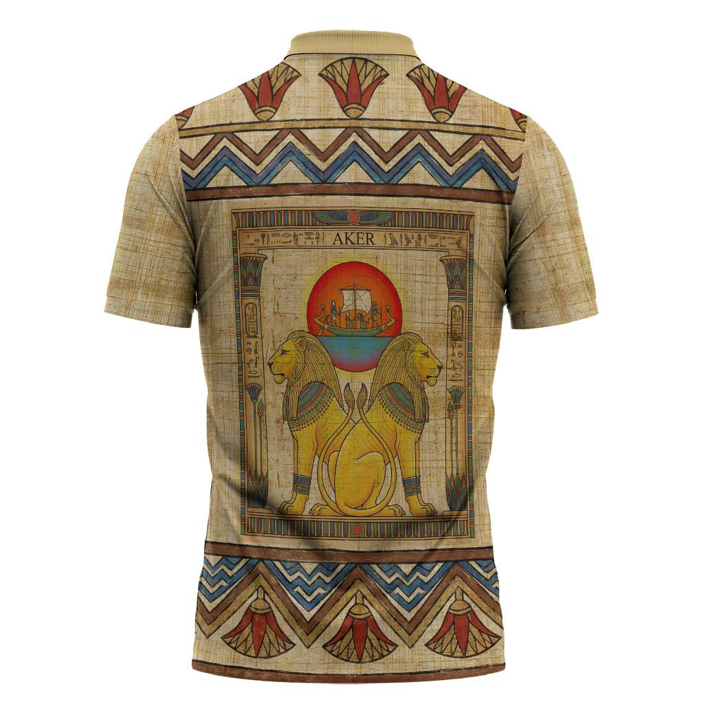 Aker Ancient Egyptian Zipper Polo Shirt with Hieroglyphic Pattern, Pyramid Symbol, and Twin Lion Guardians Motif - Wonder Print Shop