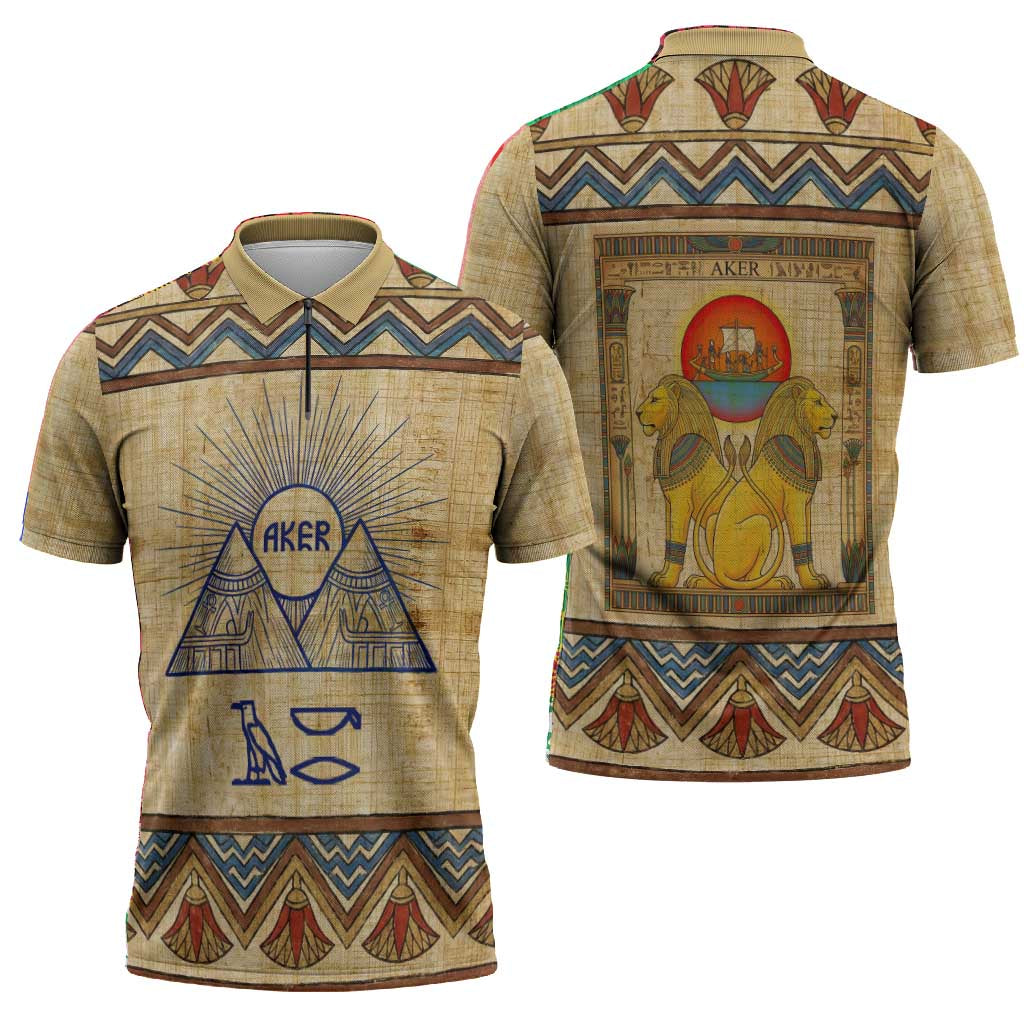Aker Ancient Egyptian Zipper Polo Shirt with Hieroglyphic Pattern, Pyramid Symbol, and Twin Lion Guardians Motif - Wonder Print Shop