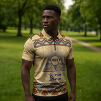 Aker Ancient Egyptian Zipper Polo Shirt with Hieroglyphic Pattern, Pyramid Symbol, and Twin Lion Guardians Motif - Wonder Print Shop