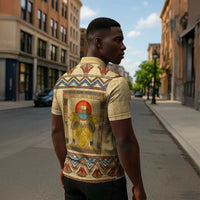 Aker Ancient Egyptian Zipper Polo Shirt with Hieroglyphic Pattern, Pyramid Symbol, and Twin Lion Guardians Motif - Wonder Print Shop