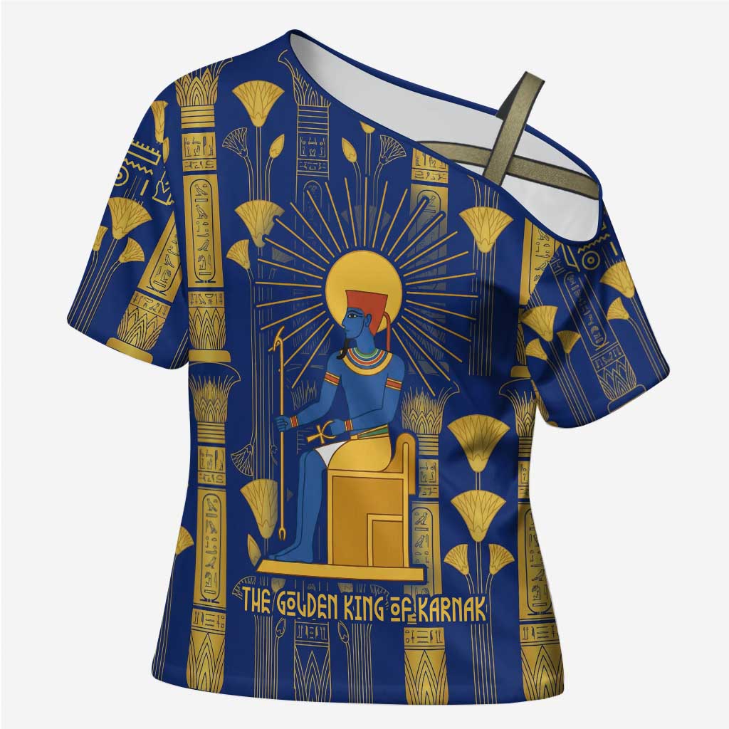 Amun Cross Shoulder Shirt Ancient Egyptian Hieroglyphic, Pharaoh and Scarab - Wonder Print Shop