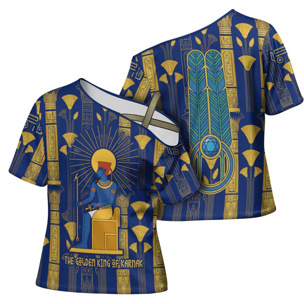Amun Cross Shoulder Shirt Ancient Egyptian Hieroglyphic, Pharaoh and Scarab - Wonder Print Shop