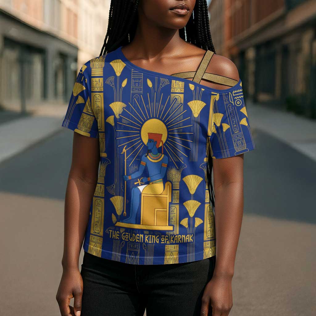 Amun Cross Shoulder Shirt Ancient Egyptian Hieroglyphic, Pharaoh and Scarab - Wonder Print Shop