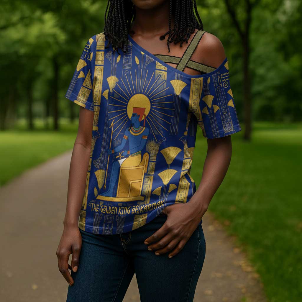 Amun Cross Shoulder Shirt Ancient Egyptian Hieroglyphic, Pharaoh and Scarab - Wonder Print Shop