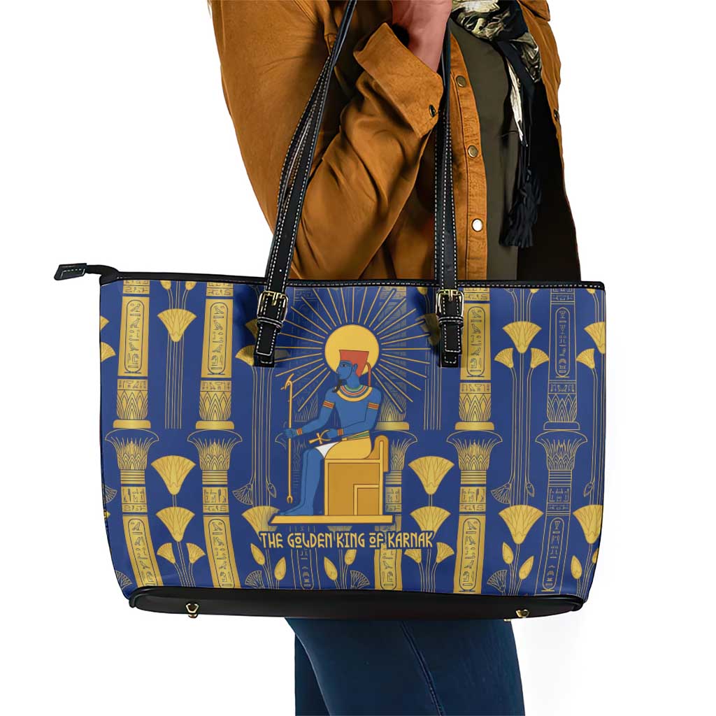 Amun Leather Tote Bag Ancient Egyptian Hieroglyphic, Pharaoh and Scarab - Wonder Print Shop