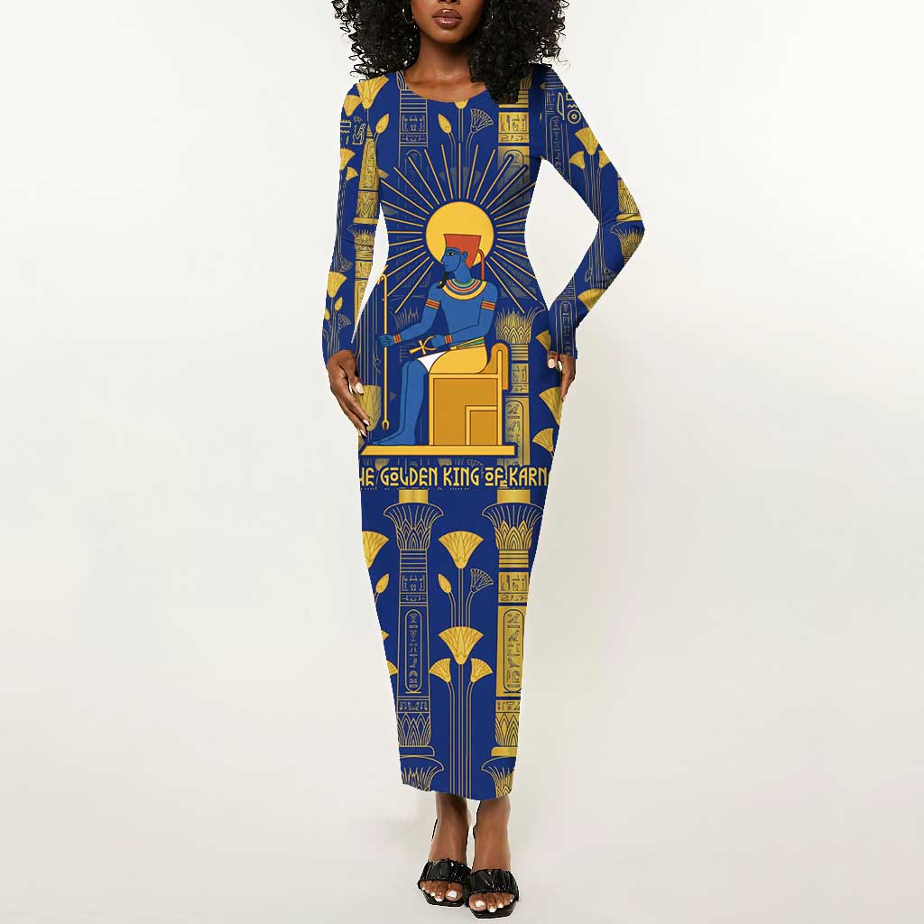 Amun Long Sleeve Bodycon Dress Ancient Egyptian Hieroglyphic, Pharaoh and Scarab - Wonder Print Shop