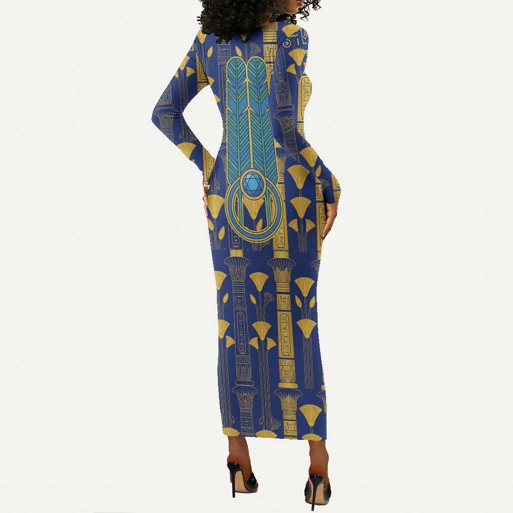 Amun Long Sleeve Bodycon Dress Ancient Egyptian Hieroglyphic, Pharaoh and Scarab - Wonder Print Shop