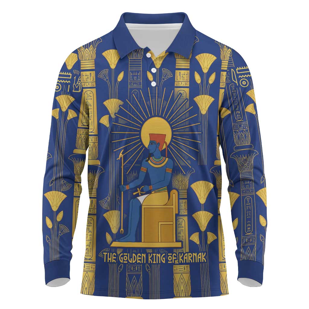 Amun Long Sleeve Polo Shirt Ancient Egyptian Hieroglyphic, Pharaoh and Scarab - Wonder Print Shop