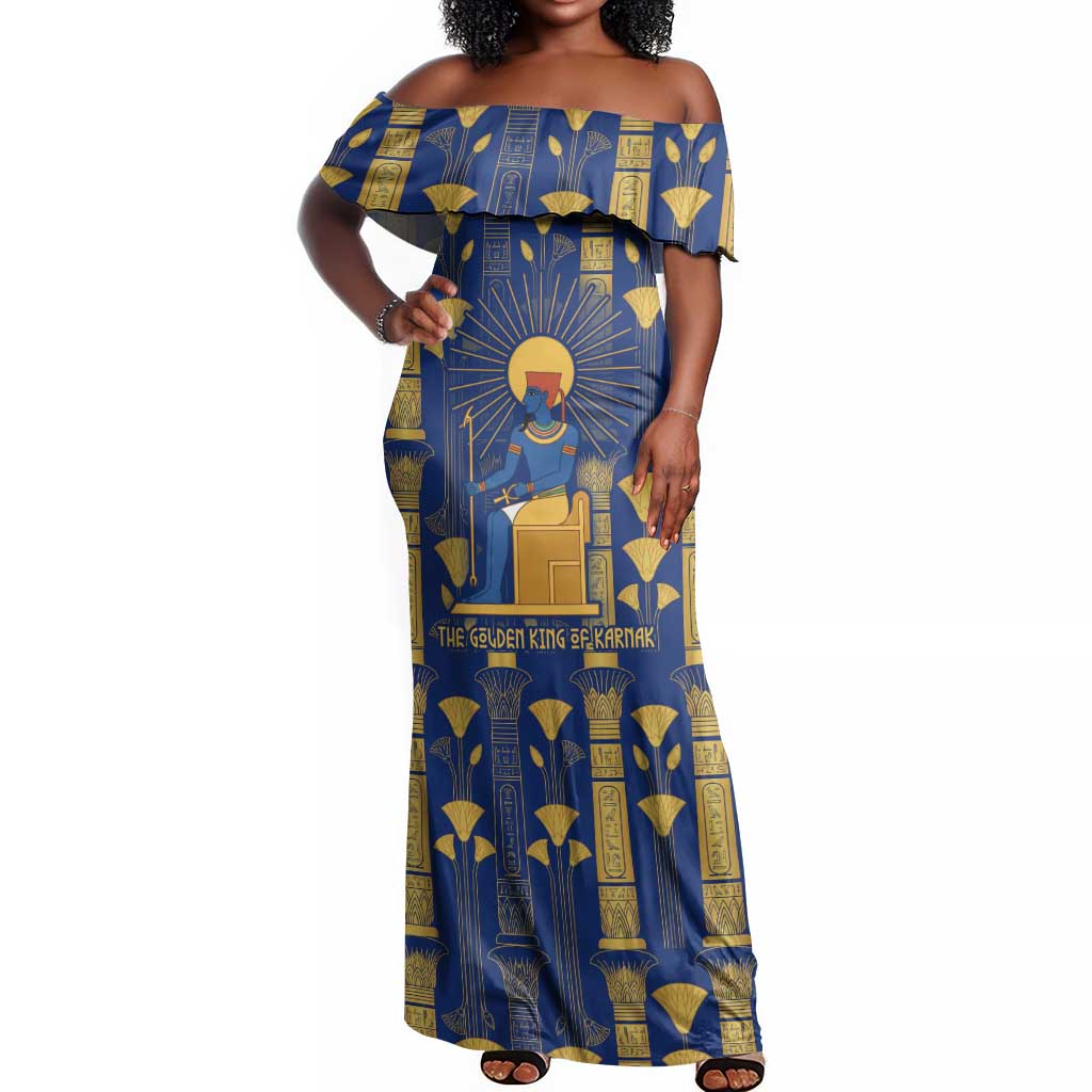 Amun Off Shoulder Maxi Dress Ancient Egyptian Hieroglyphic, Pharaoh and Scarab - Wonder Print Shop