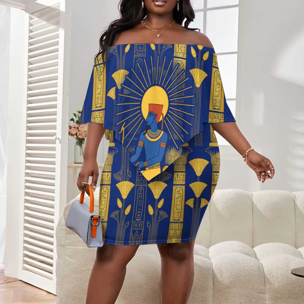 Amun Off Shoulder Short Dress Ancient Egyptian Hieroglyphic, Pharaoh and Scarab - Wonder Print Shop