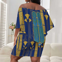 Amun Off Shoulder Short Dress Ancient Egyptian Hieroglyphic, Pharaoh and Scarab - Wonder Print Shop