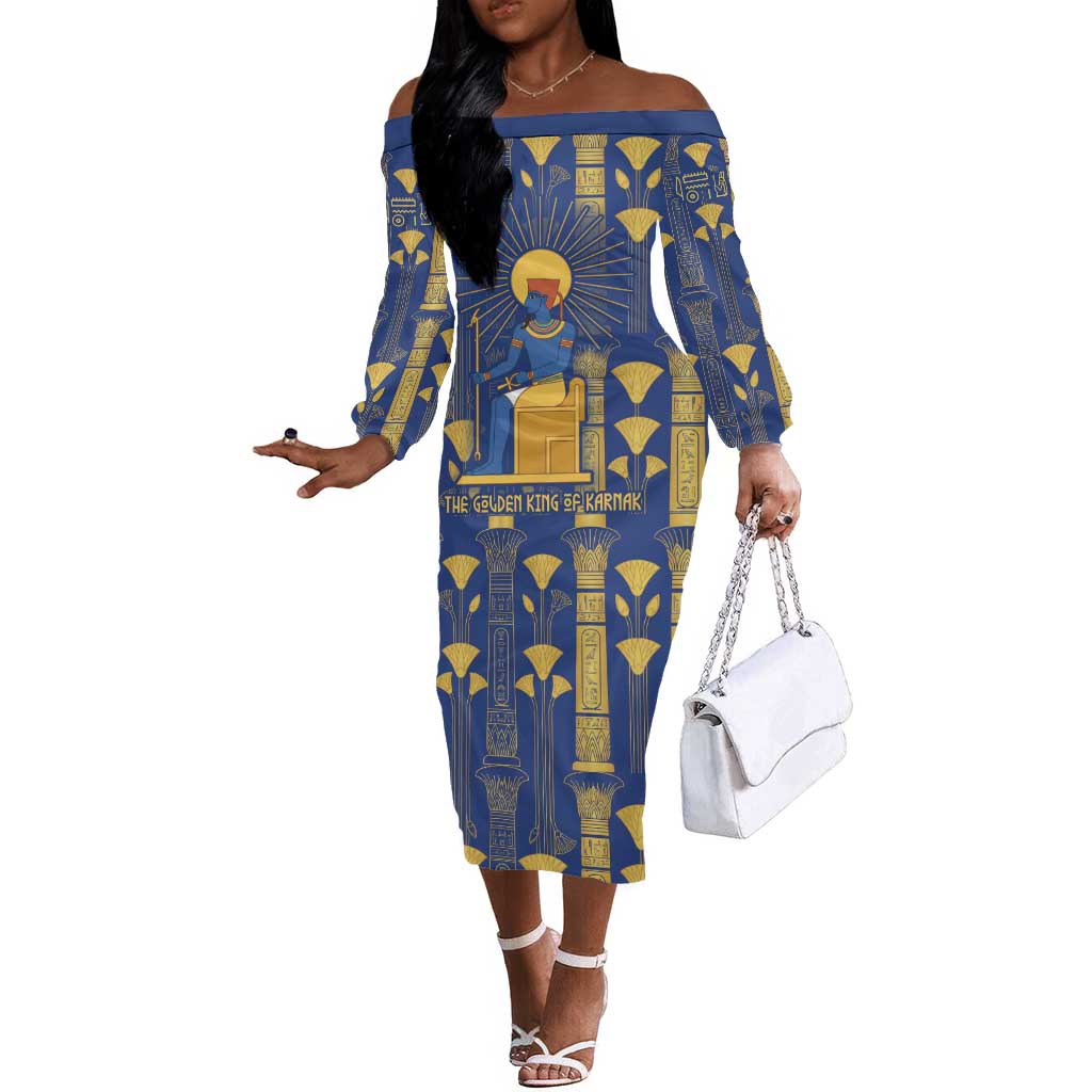 Amun Off The Shoulder Long Sleeve Dress Ancient Egyptian Hieroglyphic, Pharaoh and Scarab - Wonder Print Shop