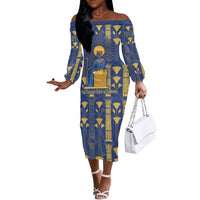 Amun Off The Shoulder Long Sleeve Dress Ancient Egyptian Hieroglyphic, Pharaoh and Scarab - Wonder Print Shop