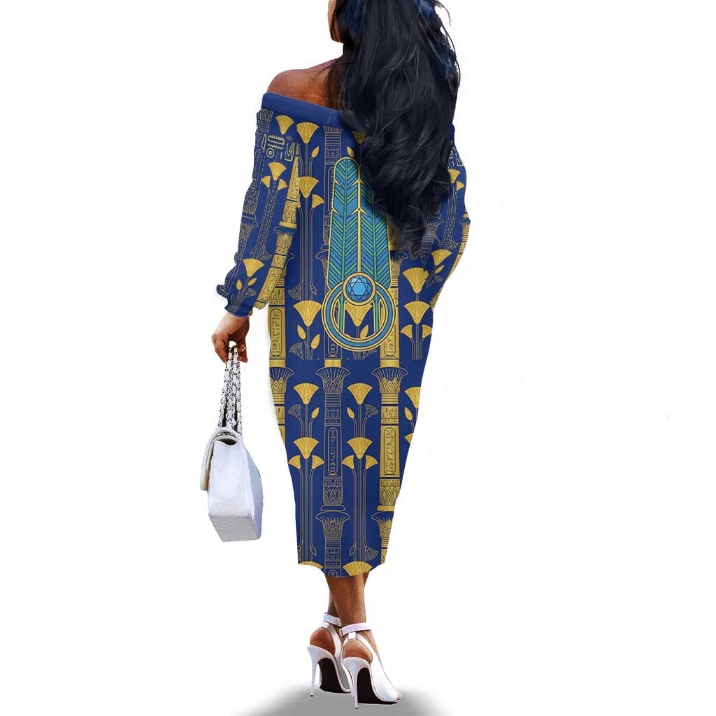 Amun Off The Shoulder Long Sleeve Dress Ancient Egyptian Hieroglyphic, Pharaoh and Scarab - Wonder Print Shop