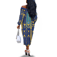Amun Off The Shoulder Long Sleeve Dress Ancient Egyptian Hieroglyphic, Pharaoh and Scarab - Wonder Print Shop