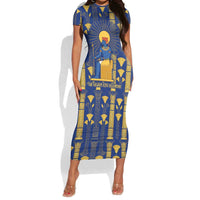 Amun Short Sleeve Bodycon Dress Ancient Egyptian Hieroglyphic, Pharaoh and Scarab - Wonder Print Shop