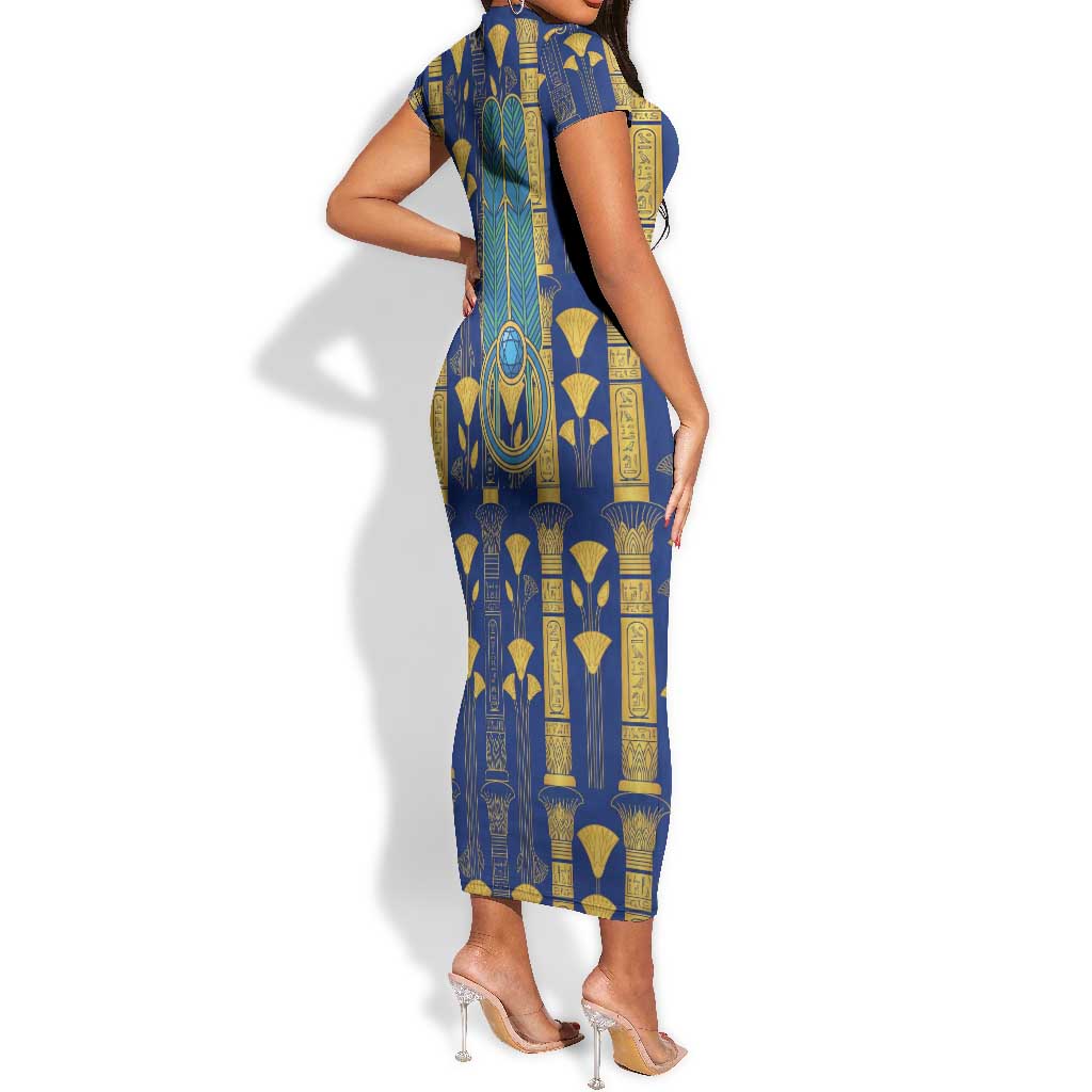 Amun Short Sleeve Bodycon Dress Ancient Egyptian Hieroglyphic, Pharaoh and Scarab - Wonder Print Shop