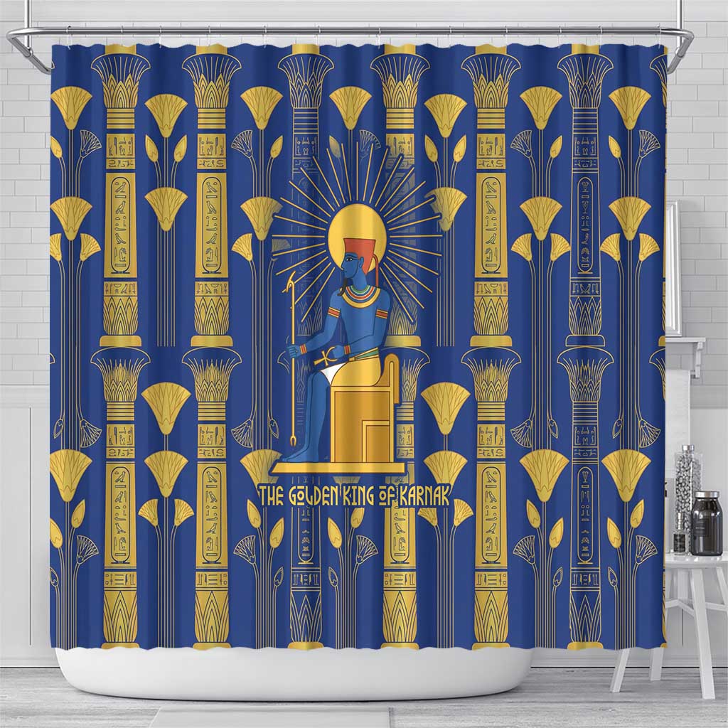 Amun Shower Curtain Ancient Egyptian Hieroglyphic, Pharaoh and Scarab - Wonder Print Shop