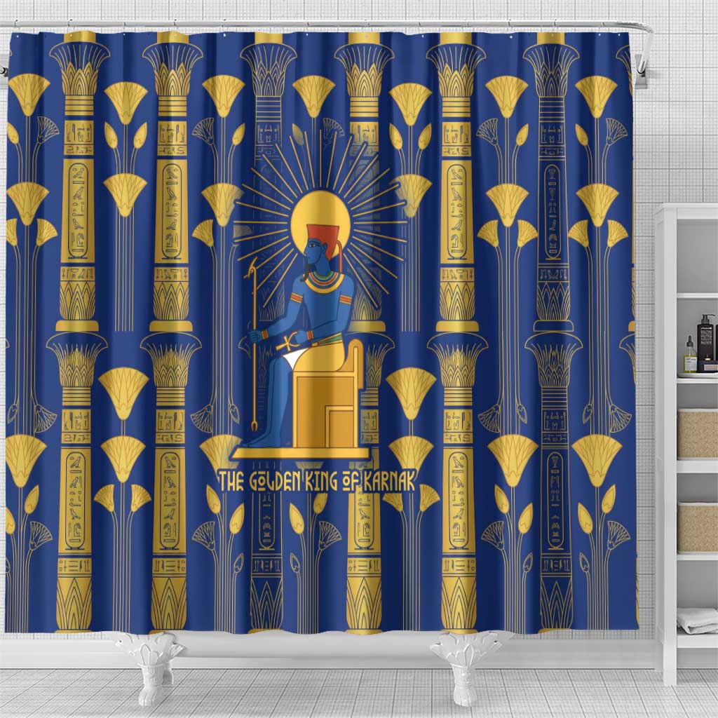 Amun Shower Curtain Ancient Egyptian Hieroglyphic, Pharaoh and Scarab - Wonder Print Shop