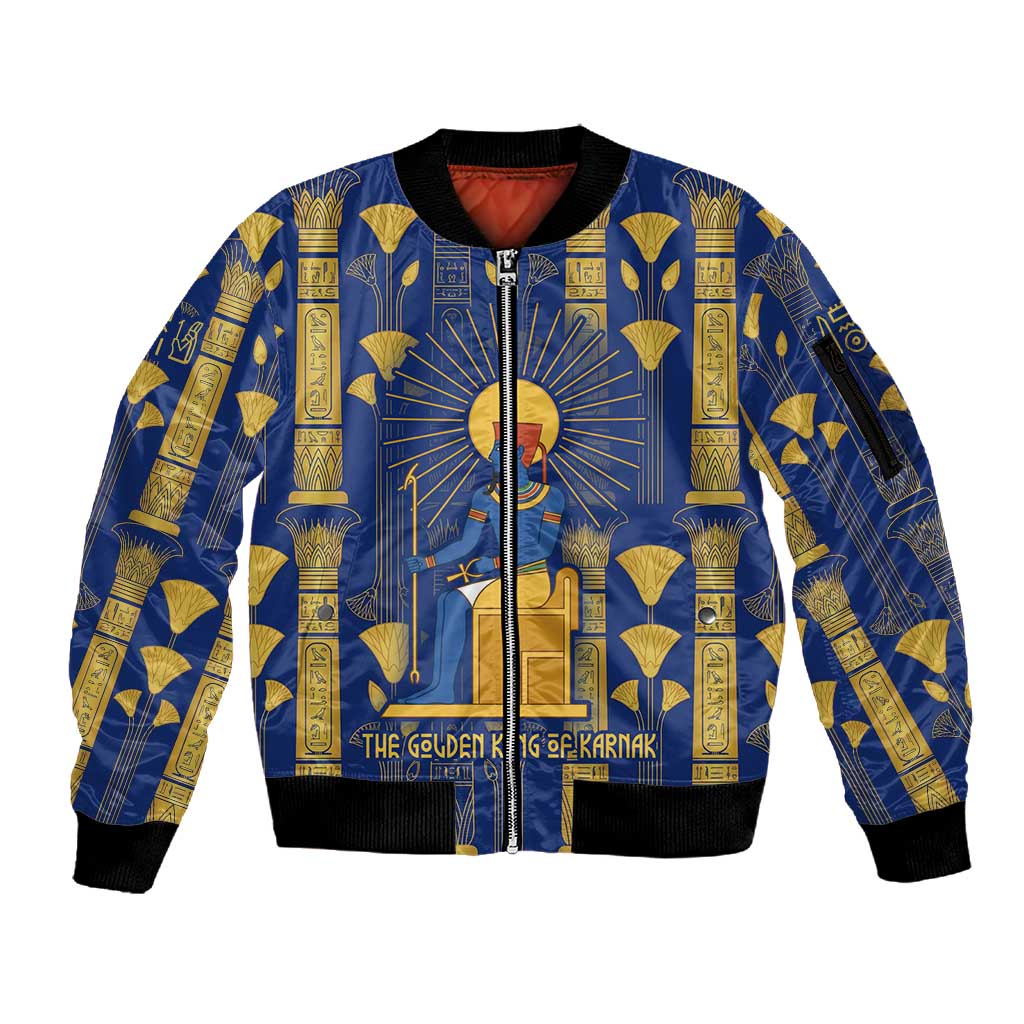 Amun Sleeve Zip Bomber Jacket Ancient Egyptian Hieroglyphic, Pharaoh and Scarab - Wonder Print Shop