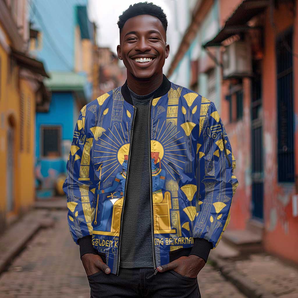 Amun Sleeve Zip Bomber Jacket Ancient Egyptian Hieroglyphic, Pharaoh and Scarab - Wonder Print Shop