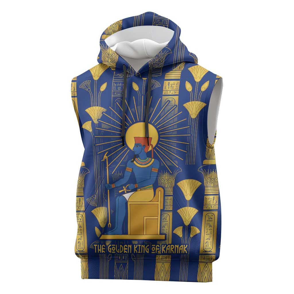 Amun Sleeveless Hoodie Ancient Egyptian Hieroglyphic, Pharaoh and Scarab - Wonder Print Shop