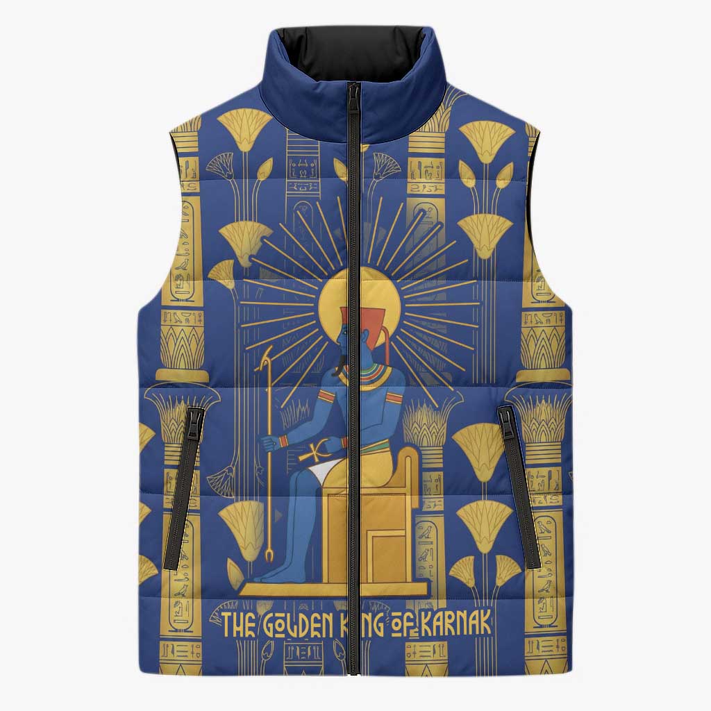 Amun Sleeveless Puffer Jacket Ancient Egyptian Hieroglyphic, Pharaoh and Scarab - Wonder Print Shop