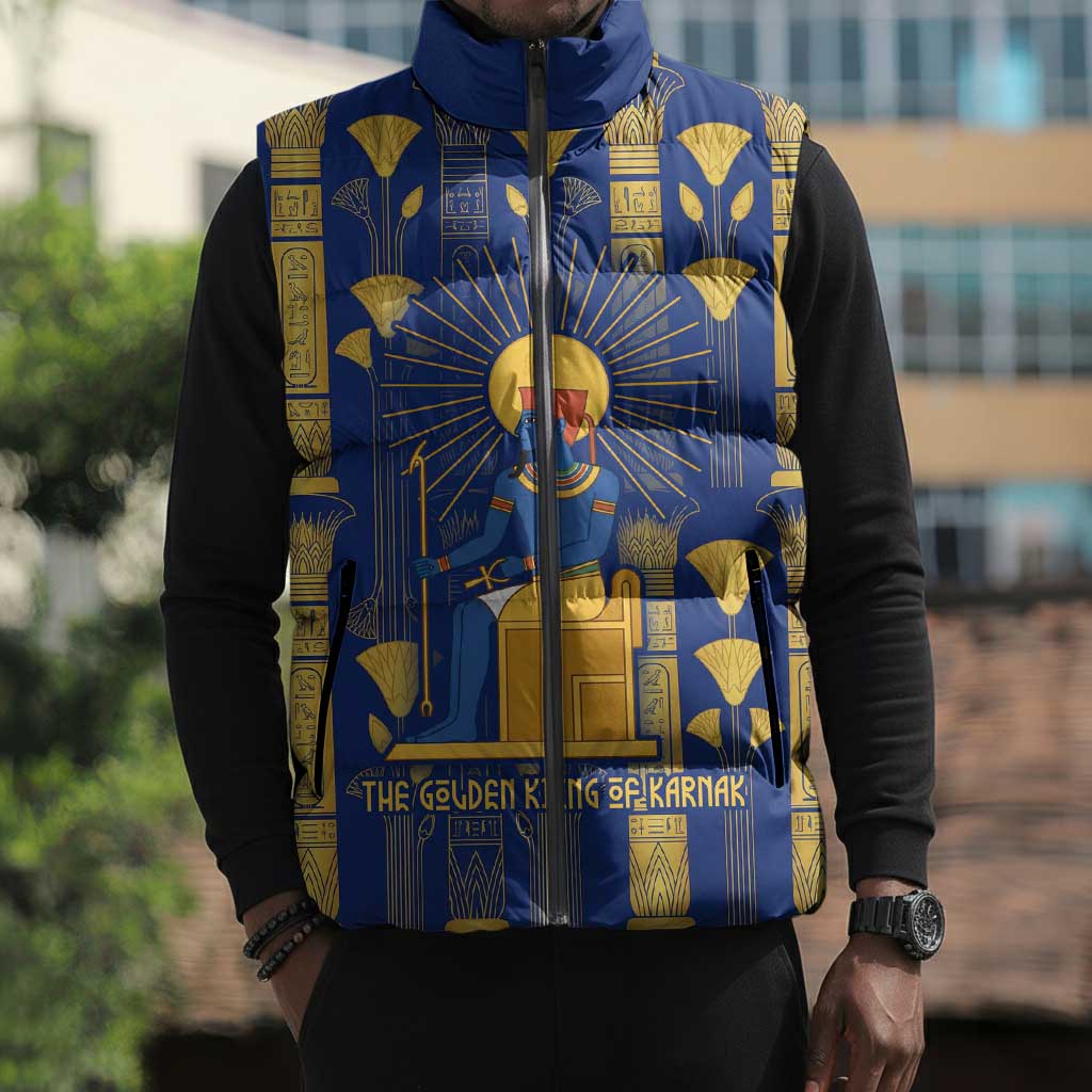 Amun Sleeveless Puffer Jacket Ancient Egyptian Hieroglyphic, Pharaoh and Scarab - Wonder Print Shop