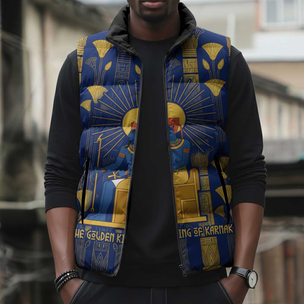 Amun Sleeveless Puffer Jacket Ancient Egyptian Hieroglyphic, Pharaoh and Scarab - Wonder Print Shop