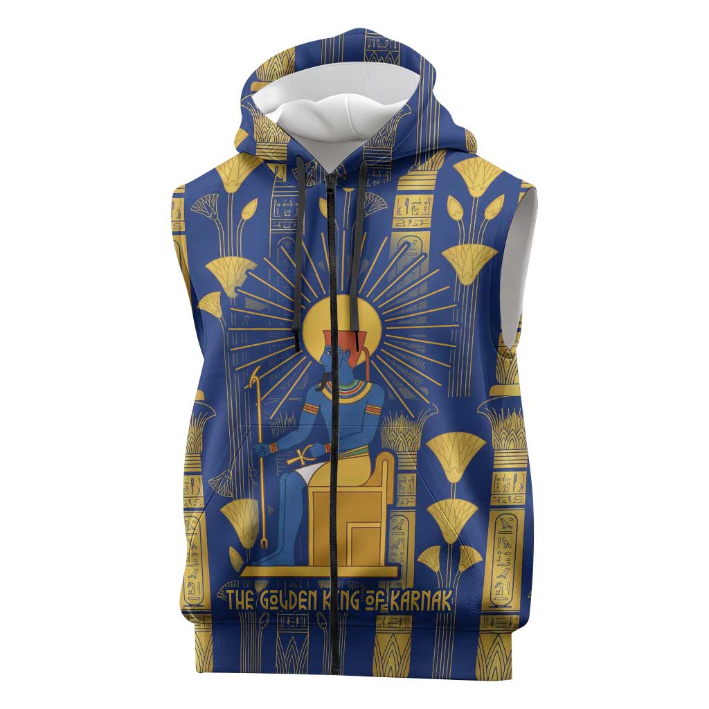 Amun Sleeveless Zip Hoodie Ancient Egyptian Hieroglyphic, Pharaoh and Scarab - Wonder Print Shop