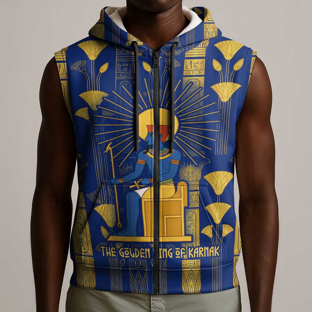 Amun Sleeveless Zip Hoodie Ancient Egyptian Hieroglyphic, Pharaoh and Scarab - Wonder Print Shop