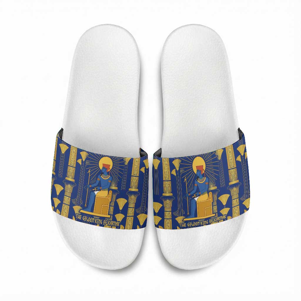 Amun Slide Sandals Ancient Egyptian Hieroglyphic, Pharaoh and Scarab - Wonder Print Shop