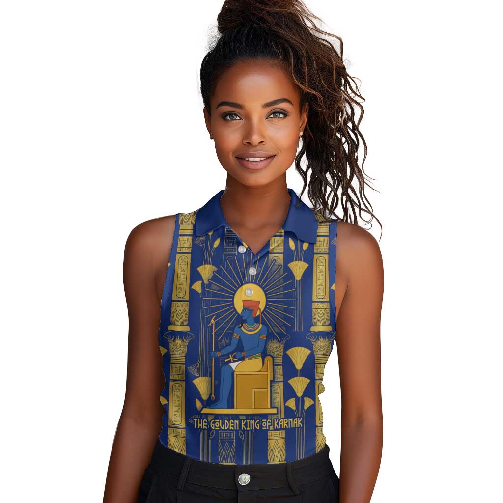 Amun Women Sleeveless Polo Shirt Ancient Egyptian Hieroglyphic, Pharaoh and Scarab - Wonder Print Shop