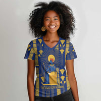 Amun Women V-Neck T-Shirt Ancient Egyptian Hieroglyphic, Pharaoh and Scarab - Wonder Print Shop