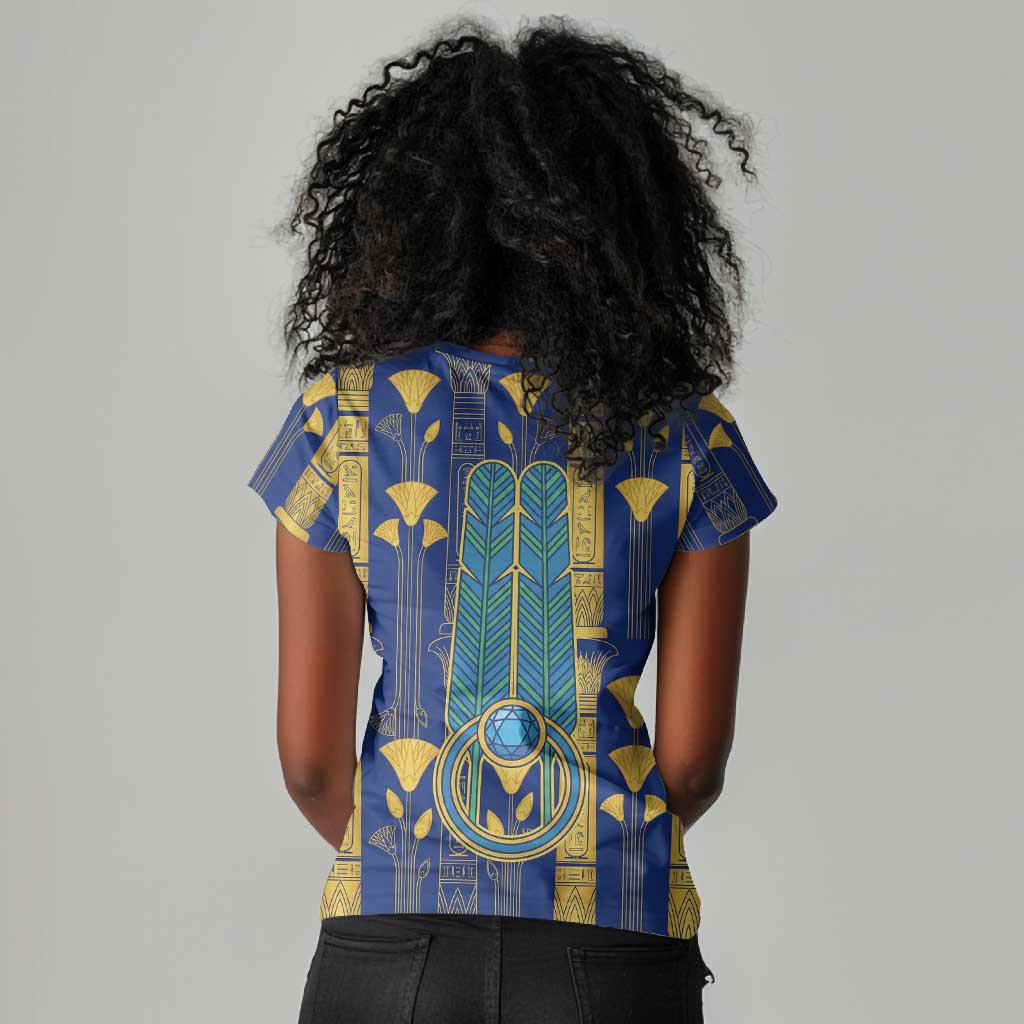 Amun Women V-Neck T-Shirt Ancient Egyptian Hieroglyphic, Pharaoh and Scarab - Wonder Print Shop
